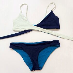 L*Space Chloe reversible blue color block wrap top bikini set